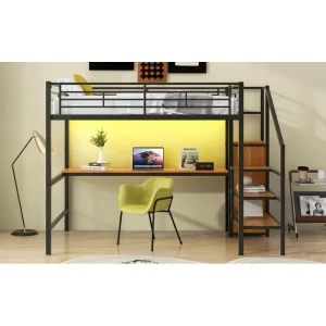 Full Size Metal Loft Bed with Desk